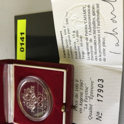 Frankreich Silbermünze (950) zu 100 Francs General La Fayette, 1987, 15 g PP