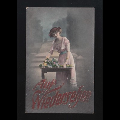 Junge Frau rosa Kleid Blumenstrauß Auf Wiedersehen! Weiden (O.-Pfalz) 13.6.1915