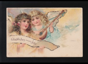 Glückliches neues Jahr Engel musizieren Blumenschmuck, Hermeskeil 31.12.1900