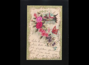 Dorfansicht umrankt Blumen Girlanden Schmetterling Sterne, Stajerlak 2.8.1915
