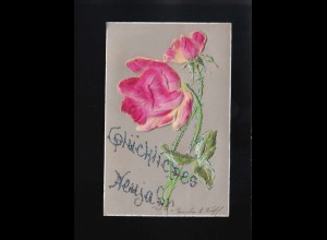 Rosa Rose Blüte Glitzer Glückliches Neujahr Ferd. Ingold Card Co, ungebraucht