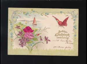 Schmetterling See Blumen, Glückwunsch Geburtstag, Butzbach /Treis 17.+18.10.1904