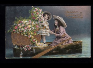 AK Glückwünsche Geburtstag: Mutter und Tochter Boot mit Rosen, HILGEN 27.4.1912