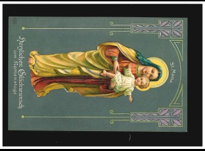 Namenstag Heilige Maria mit Kind herzlichen Glückwunsch Prägekarte, ungebraucht