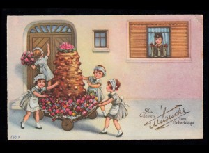 AK Glückwünsche Geburtstag: Mädchen als Bäckerinnen bringen Baumkuchen, 19.4.33