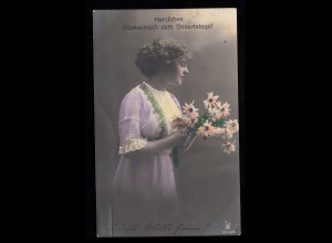 AK Glückwünsche Geburtstag: Frau mit Blumen, coloriert, DETMOLD 20.11.1914