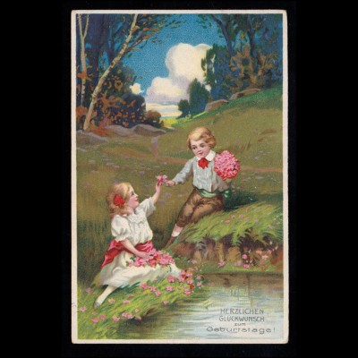 AK Glückwünsche Geburtstag: Junge übergibt Blumen an Mädchen, OSNABRÜCK 8.3.1927
