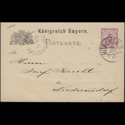 Postkarte Ziffer 5 Pf lila ohne DV: MÜNCHEN - 10.7.1883 nach Niederaudorf