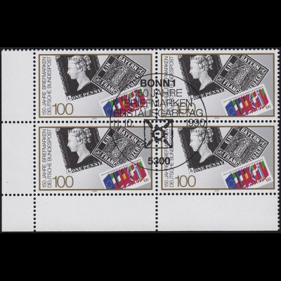 1479 150 Jahre Briefmarken als Eckrand-Viererblock unten links ESSt Bonn 1990