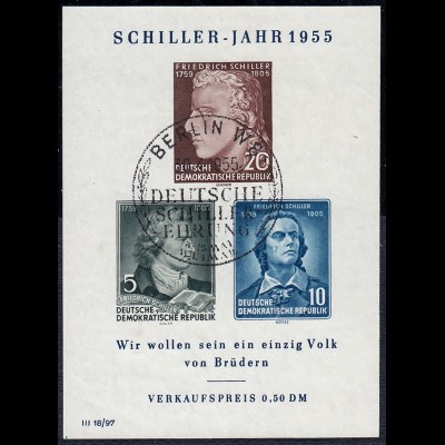 Block 12 X I Schiller-Jahr 1955 mit PLF X: Serife des W verlängert, ESSt Berlin
