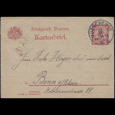 Bayern Kartenbrief mit Wappen K2 Ziffer 10 MÜNCHEN 36 - 22.1.01 nach Bonn 