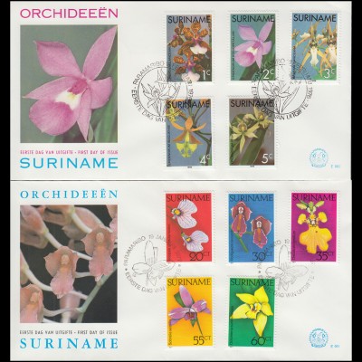 Surinam FLORA Orchideen 1976 und 1977 - jeweils auf Schmuck-FDC