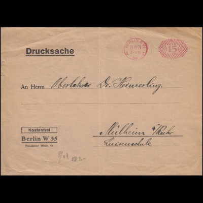 AFS auf Drucksache / Streifband BERLIN SW 68 - 13.10.1921 nach Mülheim/Ruhr