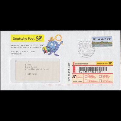Sonder-R-Zettel IBRA'99: passender R-Brief ATM 410 als EE, SSt NÜRNBERG 27.4.99 