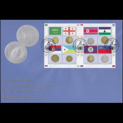 UNO Genf 780-787 Flaggen und Münzen 2012: Kleinbogen auf Schmuck-FDC ESSt Genf 