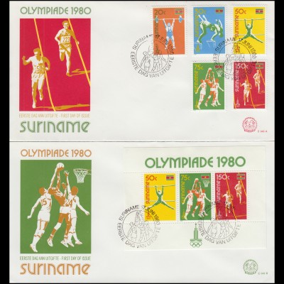 Surinam Olympische Spiele Moskau 1980 - Satz und Block auf 2 Schmuck-FDC's