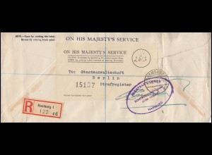 Englische Feldpost ON HIS MAJESTY'S SERVICE R-Brief HAMBURG 15.9.50 nach BERLIN