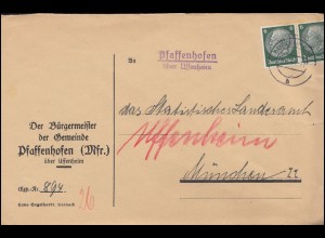 Landpost-Stempel Pfaffenhofen über UFFENHEIM um 1935 auf Brief nach München