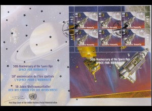 UNO New York 50 Jahre Weltraumfahrt 2007: Kleinbogen-Satz auf 2 Schmuck-FDC