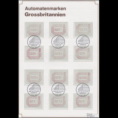 Großbritannien 1. Ausgabe ATM 1984 mit 32 Werten auf 3 Schmuck-/FDC-Karten+AK-O