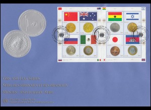 UNO New York 1033-1040 Flaggen und Münzen: Keinbogen auf Schmuck-FDC N.Y. 2006
