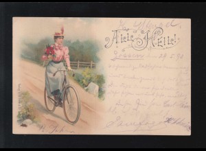 Straßenverkehr All Heil! Fahrradfahrerin Blumenstrauß Rock, Berlin 30.5.1898