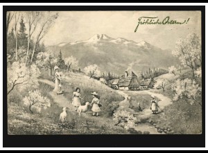 AK Ostern: Dorfidylle in den Bergen Osterlämmer Kinder, WIEN um 1922