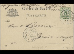 Bayern Postkarte SCHAUENSTEIN 13.1.93 über HELMBRECHTS 18.1. nach Greiz/Vogtland