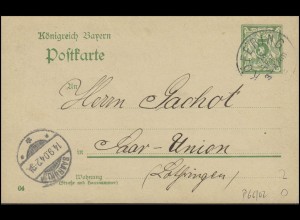 Bayern Postkarte 5 Pf. KÖFERING 13.9.04 nach SAARUNION 14.9.04