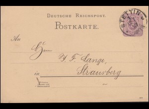 Postkarte P 18I Ziffer 5 Pf. mit DV 687 von STETTIN 12.7.87 n. Strausberg/Berlin