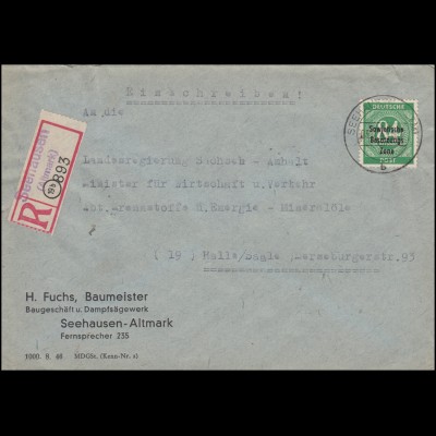 211 SBZ-Aufdruck als EF auf R-Brief Not-R-Zettel SEEHAUSEN (ALTMARK) 5.1.1949