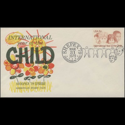 USA: Kinderköpfe - Briefmarkenausstellung SHEPEX 1979 auf Schmuck-Umschlag, SSt 