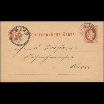 Postkarte P 25 Franz-Joseph 2 Kreuzer von SCHÖNLINDE nach WIEN 29.3.82