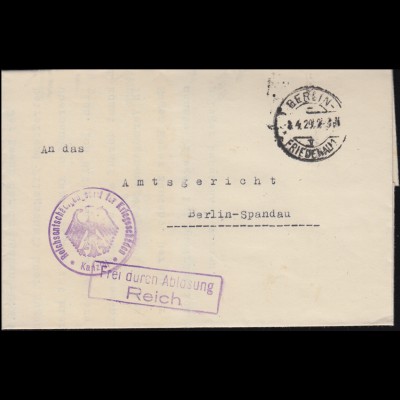 Frei durch Ablösung Reichsentschädigungsamt für Kriegsschäden BERLIN 8.4.1929