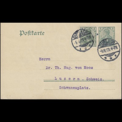 Postkarte P 78 Germania 5 Pf WZ.3 mit Zusatzfrankatur DURLACH 9.8.09 nach Luzern