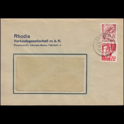 Franz. Zone Baden 32+18 Freimarken MiF auf Fenster-Brief LÖRRACH 30.3.1948