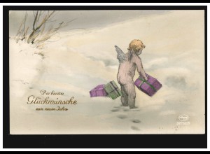 Ansichtskarte Neujahr Engel mit Geschenken im Schnee, ZÜRICH 31.12.1926