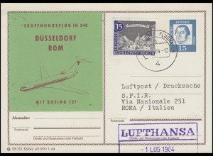 Erstflug Lufthansa LH 340 Düsseldorf-Rom BOEING 727, Postkarte DÜSSELDORF 1.7.64