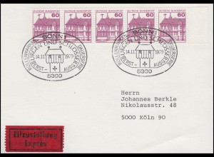1028AI BuS Schloss Rheydt, 4er-Streifen MeF Eil-FDC-Postkarte ESSt Bonn 14.11.79
