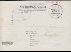 Kriegsgefangenenpost Stalag III B, Tarnstempel 6.11.1941 nach Paris / Frankreich