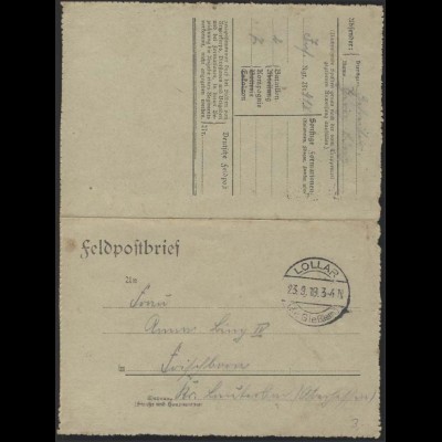 Feldpostbrief: Inf.-Regt. 418, Lollar/Gießen 23.9.18