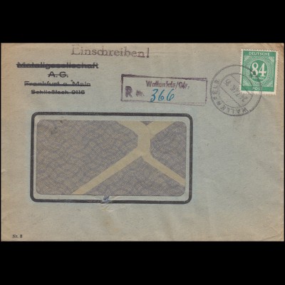 946 Ziffer als EF R-Brief Not-R-Stempel WALLENFELS 24.7.1946 nach KRONBERG 26.7.