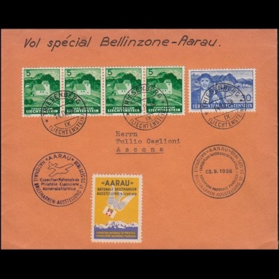 Sonderflug Aarau-Bellinzone Briefmarkenausstellung Aarau Bf. RIESENBERG 14.9.38
