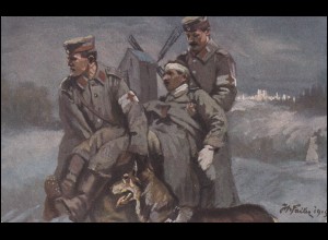 AK Der Sanitäshund im Felde: Transport eines Verwundeten, Feldpost 20.4.1916
