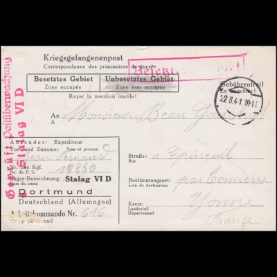 Kriegsgefangenenpost Stalag VI D Dortmund Tarnstempel 22.8.1941 nach Frankreich