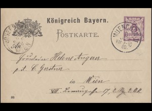 Bayern P 30/04 Ziffer 5 Pf. lila, Einkreis MÜNCHEN II. - 8.6.88 nach WIEN 1888