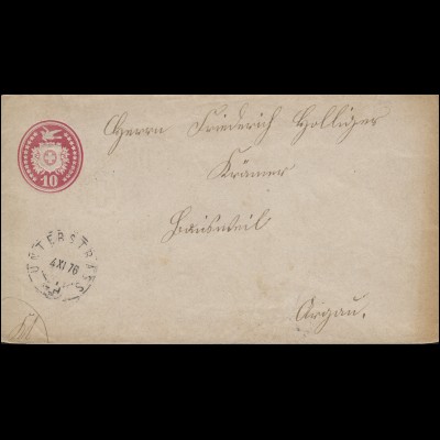 Schweiz Umschlag U 14 Wappen mit Brieftaube, WZ.2, UNTERSTRASS 4.6.1876 