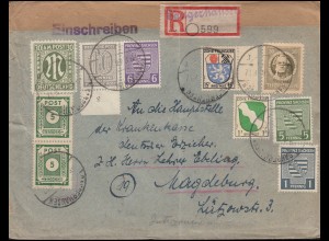 73ff SBZ-Frankatur + Franz. Zone + AM-Post als MiF R-Brief SANGERHAUSEN 9.6.1946