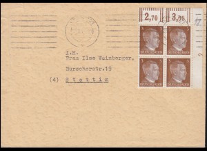 782 Freimarke als ER-Viererblock oben rechts Druckerzeichen 2 auf Brief aus Wien