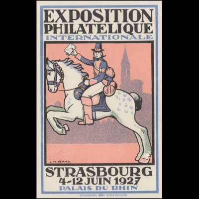 Sonderpostkarte Briefmarkenausstellung Strasbourg Postreiter 2927, SSt 7.6.27